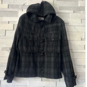 7 FOR ALL MANKIND Wool Blend Gray Black Plaid Removable Hood Toggles Jacket  L